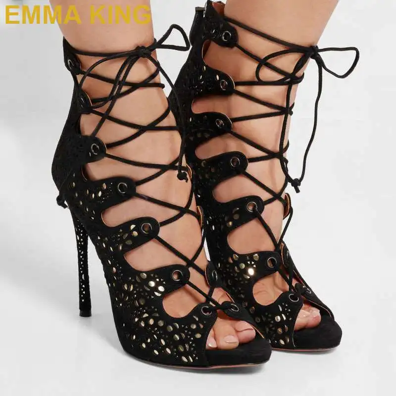 Luxury Black with Gold Laser Women Ankle Boots Summer Sandals High Heels Shoes Peep Toe Lace Up Sexy Lady Stilettos Dress | Обувь