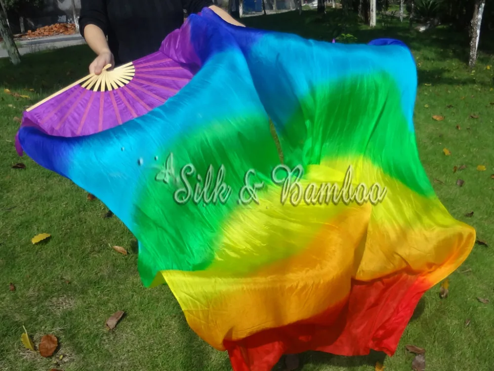 1 pair dark blue-peacock green-yellow green 59/"x35/" belly dance silk fan veil