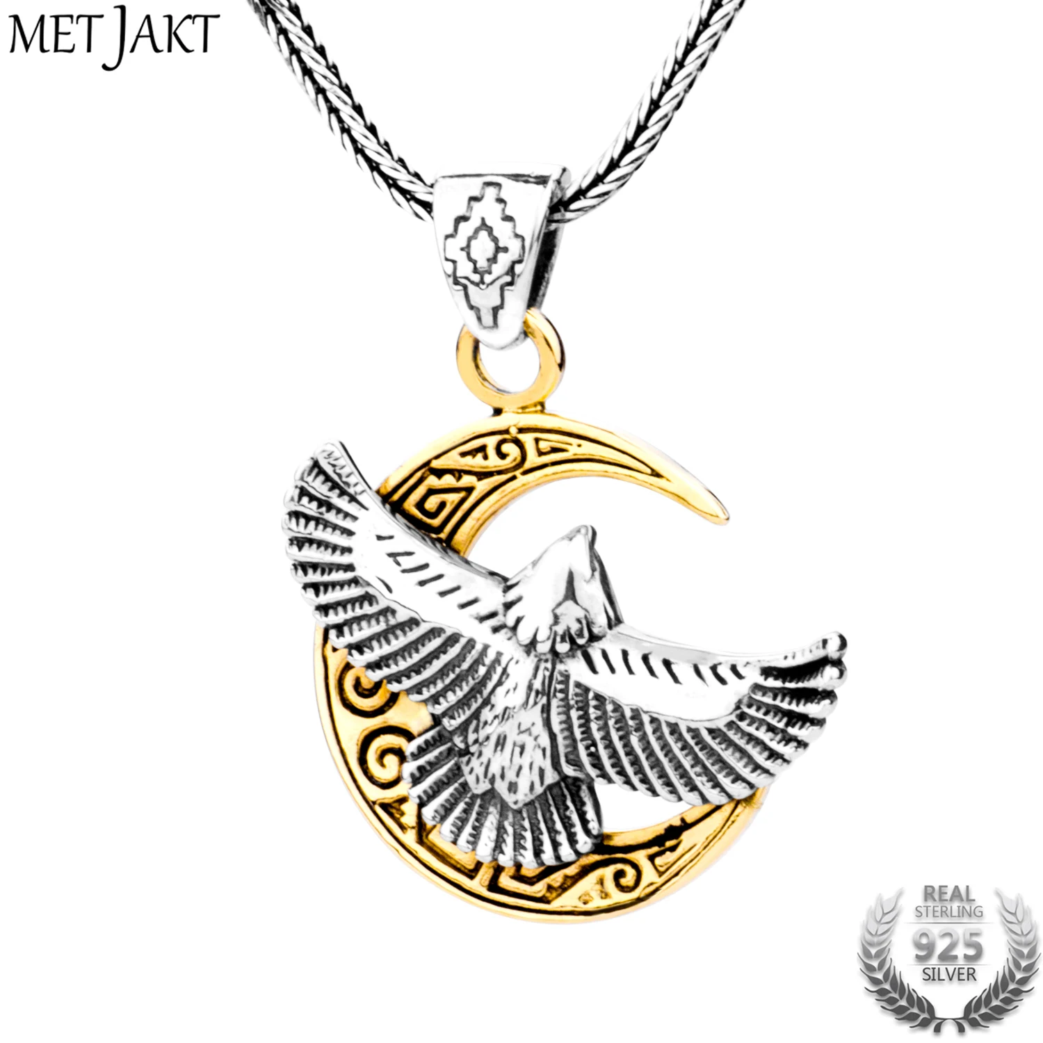 MetJakt Punk Flying Eagle Golden Moon Pendant Necklace Solid 925 Sterling Silver and Snake Chain Men's Personalized Jewelry
MetJakt Punk Flying Eagle Golden Moon Pendant Necklace Solid 925 Sterling Silver and Snake Chain Men's Personalized Jewelry