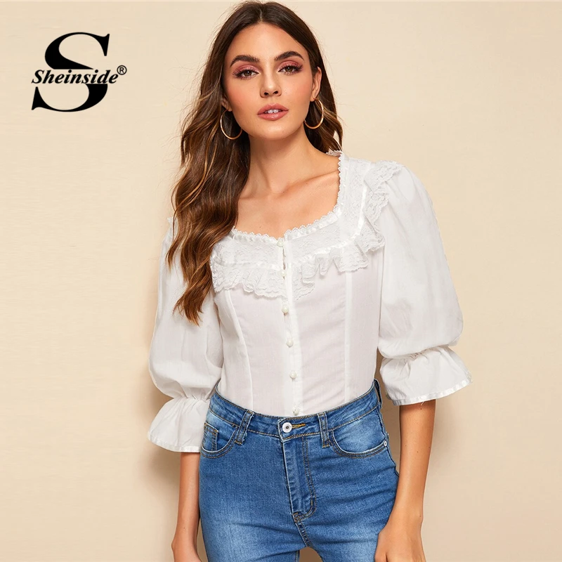 

Sheinside White Vintage Lace Trim Sweetheart Neck Blouse Women 2019 Summer Flounce Sleeve Blouses Ladies Button Up Detail Top