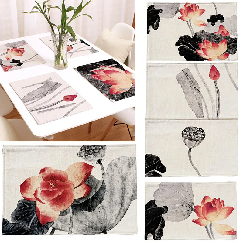 44x28cm Ink Lotus Pattern Cotton Linen Western Pad Placemat Insulation Cloth Dining Table Mat Bowls Coasters Kitchen Accessories
44x28cm Ink Lotus Pattern Cotton Linen Western Pad Placemat Insulation Cloth Dining Table Mat Bowls Coasters Kitchen Accessories