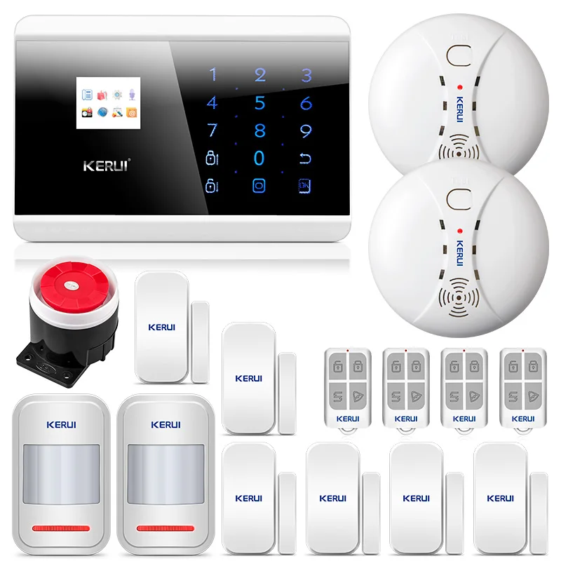 

KERUI 8218G Home Alarm Security System GSM PSTN high performance CPU With Door magnet Motion Smoke sensor detector and siren