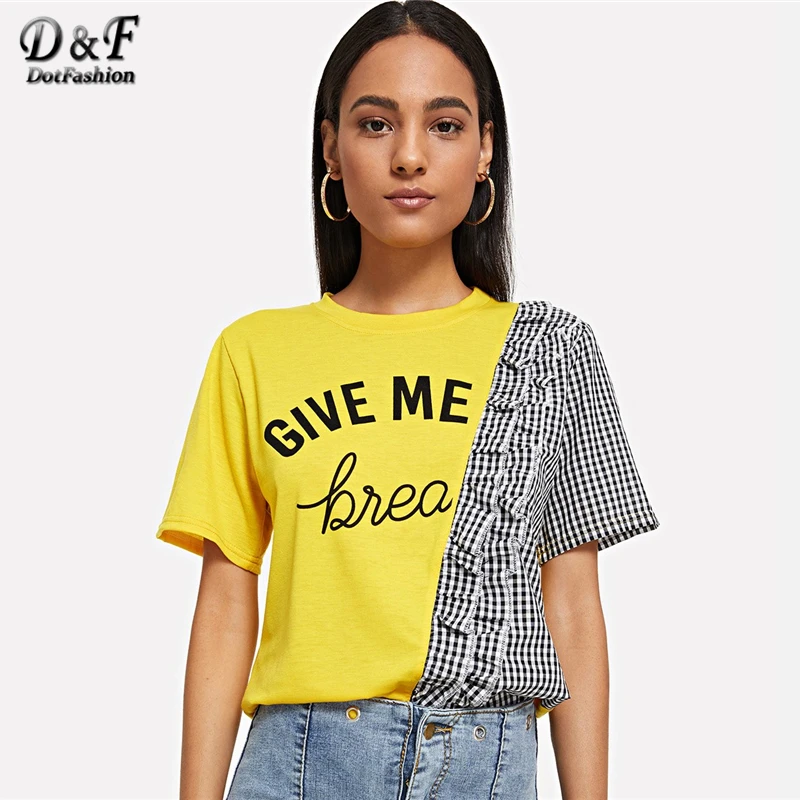 Dotfashion Letter Gingham Panel Ruffle Trim Tee Women 2019 Summer Casual Streetwear Tops Female Korean Style Fashion T-Shirt
Dotfashion Letter Gingham Panel Ruffle Trim Tee Women 2019 Summer Casual Streetwear Tops Female Korean Style Fashion T-Shirt