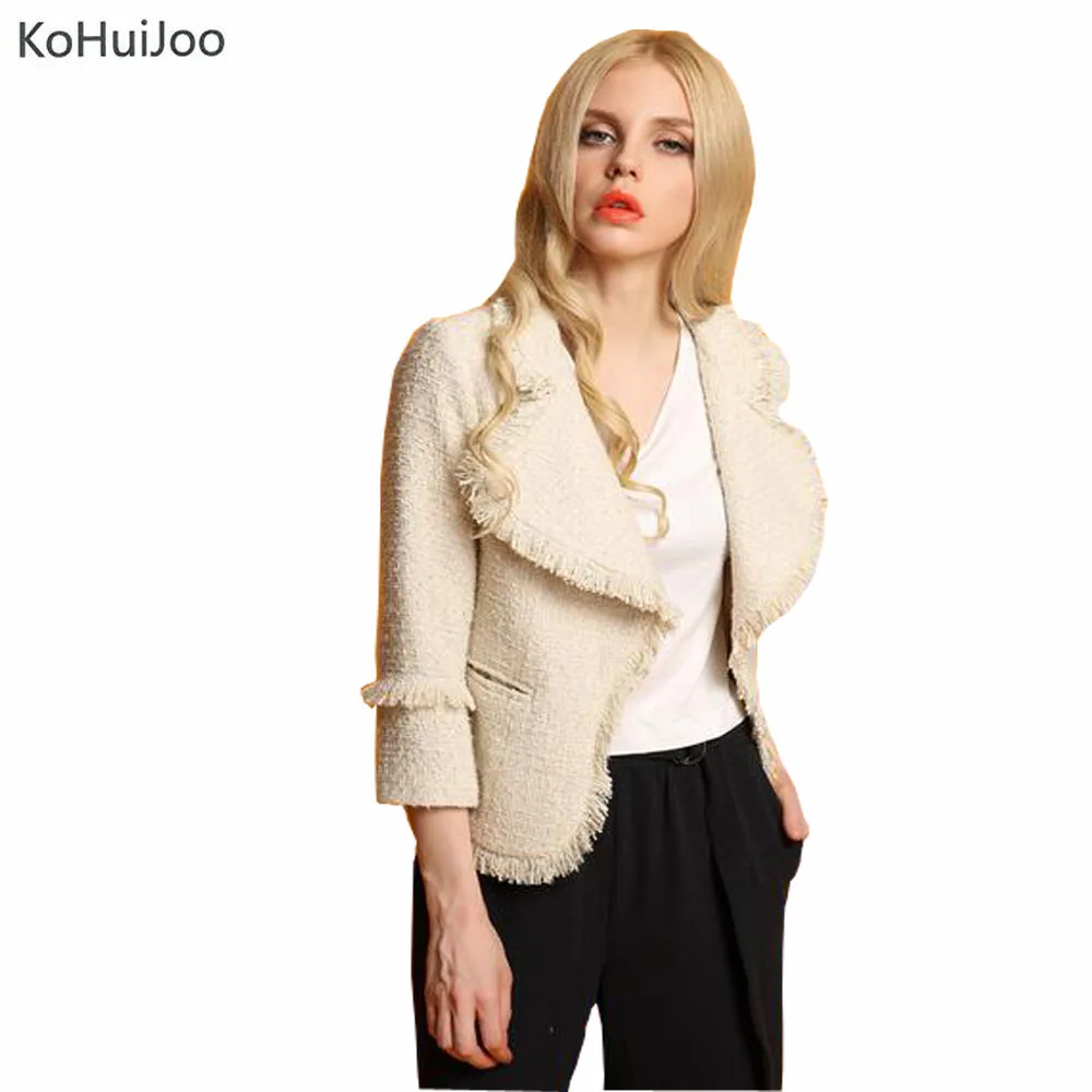 Image KoHuiJoo 3 4 Sleeve Ladies Lxury Tweed Jackets for Women Vintage Lapel Small Fragrant Short Coats 2017 Slim Tassel Open Stitch