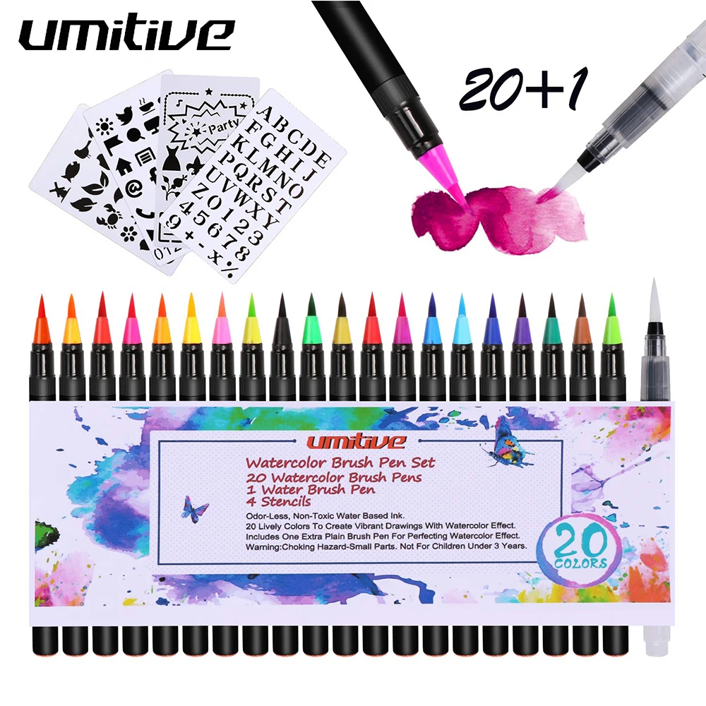 Umitive 20 Colours Watercolour Brush Pen Set with 1 Refillable Blending Water Brush Pen Soft Flexible Tip for Adult Coloring
Umitive 20 Colours Watercolour Brush Pen Set with 1 Refillable Blending Water Brush Pen Soft Flexible Tip for Adult Coloring
