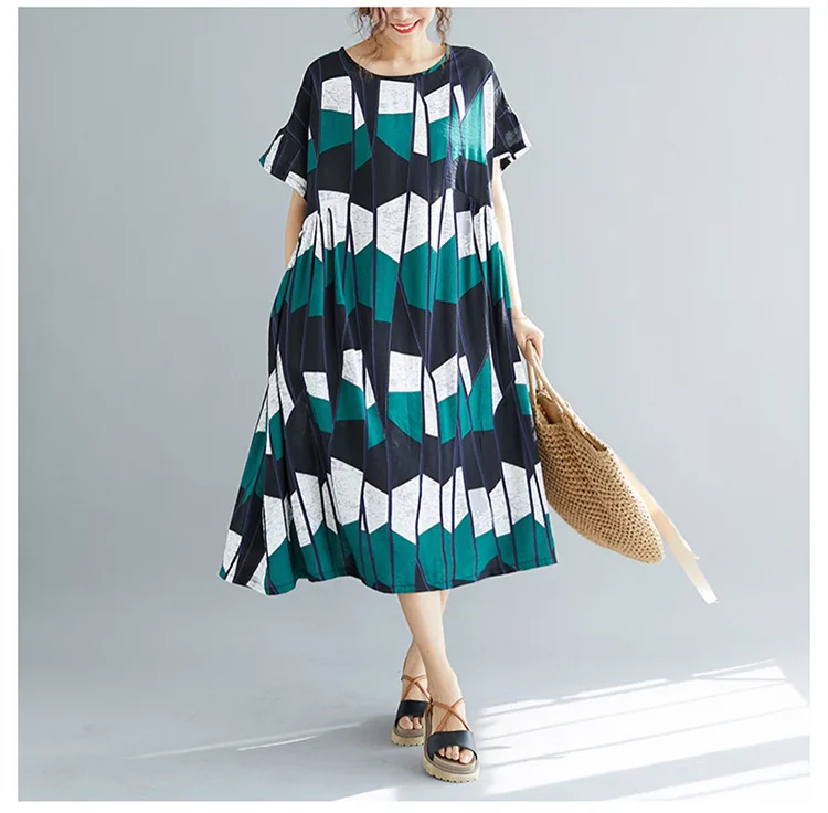 Geometry Irregular Print Cotton Linen Casual Summer Dress 2019 O-neck Short Sleeve Women Midi Dress Vestidos (9)