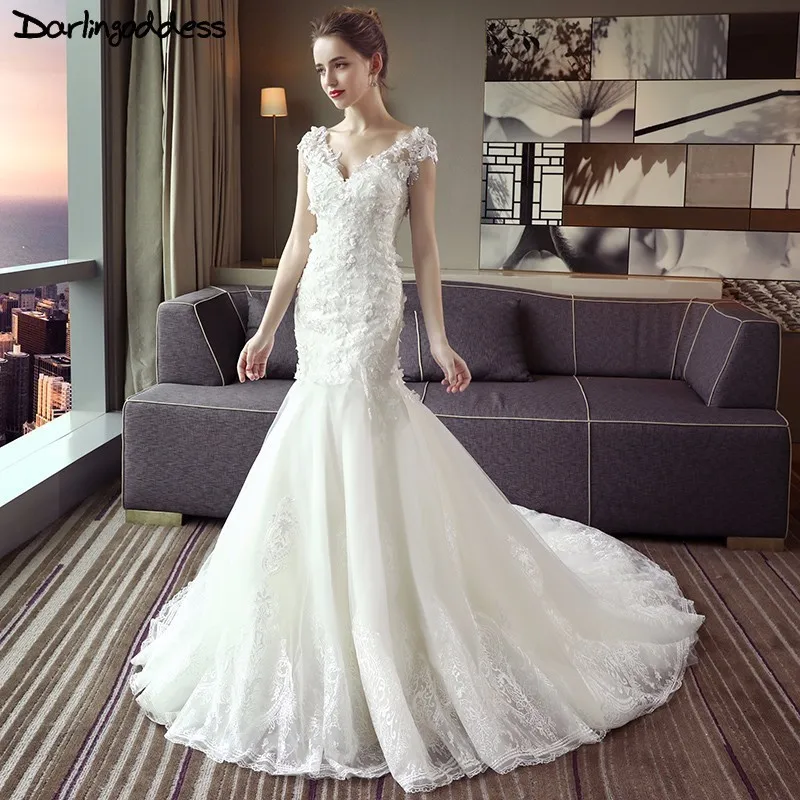 Darlingoddess Luxury Lace Mermaid Wedding Dresses Appliques Backless Flowers Ivory Mermaid Wedding Gowns 2019 Vestidos de Novia
Darlingoddess Luxury Lace Mermaid Wedding Dresses Appliques Backless Flowers Ivory Mermaid Wedding Gowns 2019 Vestidos de Novia