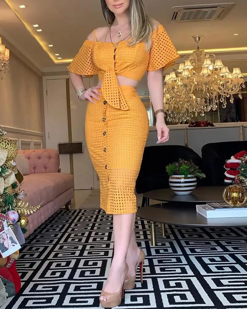 Women Summer 2 Piece Sets Hollow Out Bell Sleeve Knot Top & Skirt Set Sexy Button Design Women Two Piece Outfits
Women Summer 2 Piece Sets Hollow Out Bell Sleeve Knot Top & Skirt Set Sexy Button Design Women Two Piece Outfits
