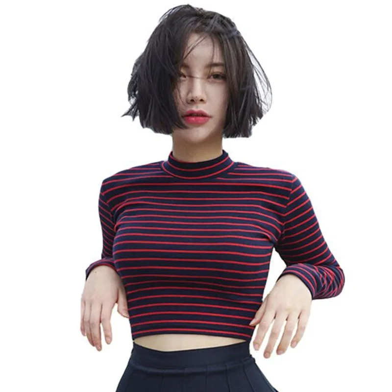 Women Turtleneck Long Sleeved T Shirt Cotton Fashion Stripe Short Bustier Crop Tops Female T-shirt Sexy Slim Shirts Tee
Women Turtleneck Long Sleeved T Shirt Cotton Fashion Stripe Short Bustier Crop Tops Female T-shirt Sexy Slim Shirts Tee