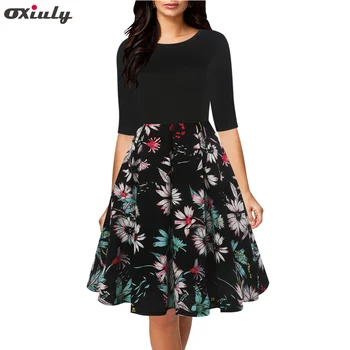 Oxiuly Vintage Spring Autumn Elegant Three Quarter Sleeve Black Flower Patchwork Pleated Party A Line Dresses
Oxiuly Vintage Spring Autumn Elegant Three Quarter Sleeve Black Flower Patchwork Pleated Party A Line Dresses