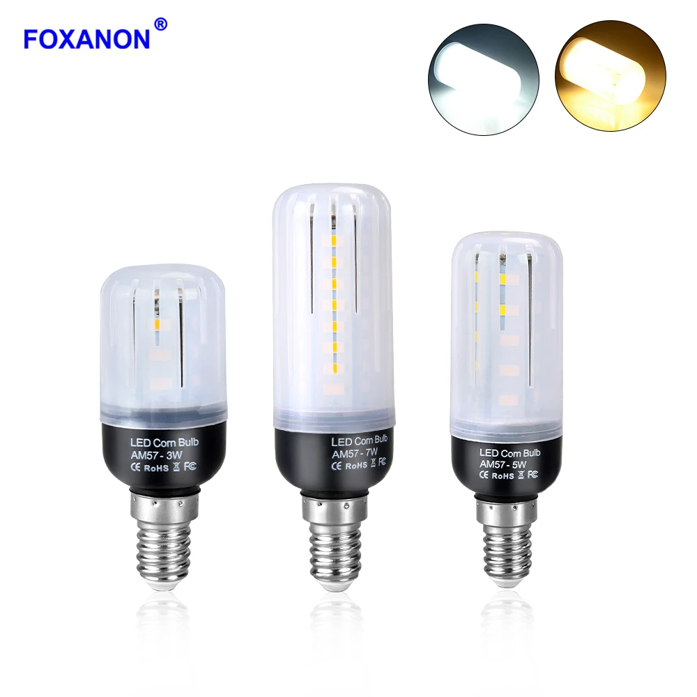 

Foxanon E14 LED Lamp AC 220V 240V SMD 5730 LED Light 20 30 46 81 100 LEDs Corn Bulb Chandelier 3W 5W 7W 9W 12W For Home Lighting