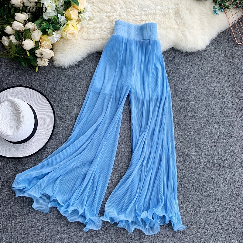 Woherb 2019 Summer Thin Translucent Wide Leg Pants Women Casual Elegant Pleated Ruffle Trousers Korean Elastic High Waist Pant
Woherb 2019 Summer Thin Translucent Wide Leg Pants Women Casual Elegant Pleated Ruffle Trousers Korean Elastic High Waist Pant