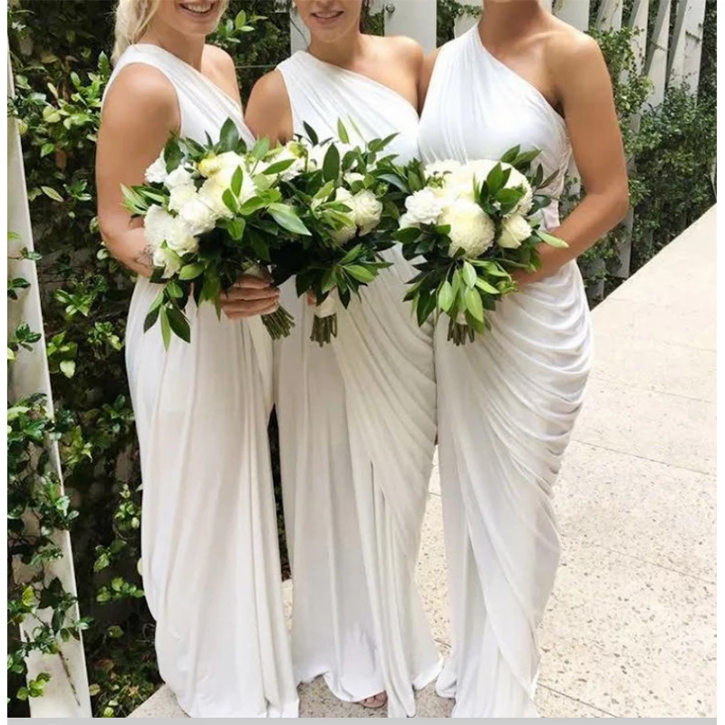 Simple cheap one shoulder white sheath long chiffon hot beach wedding bridesmaid dresses | Свадьбы и торжества