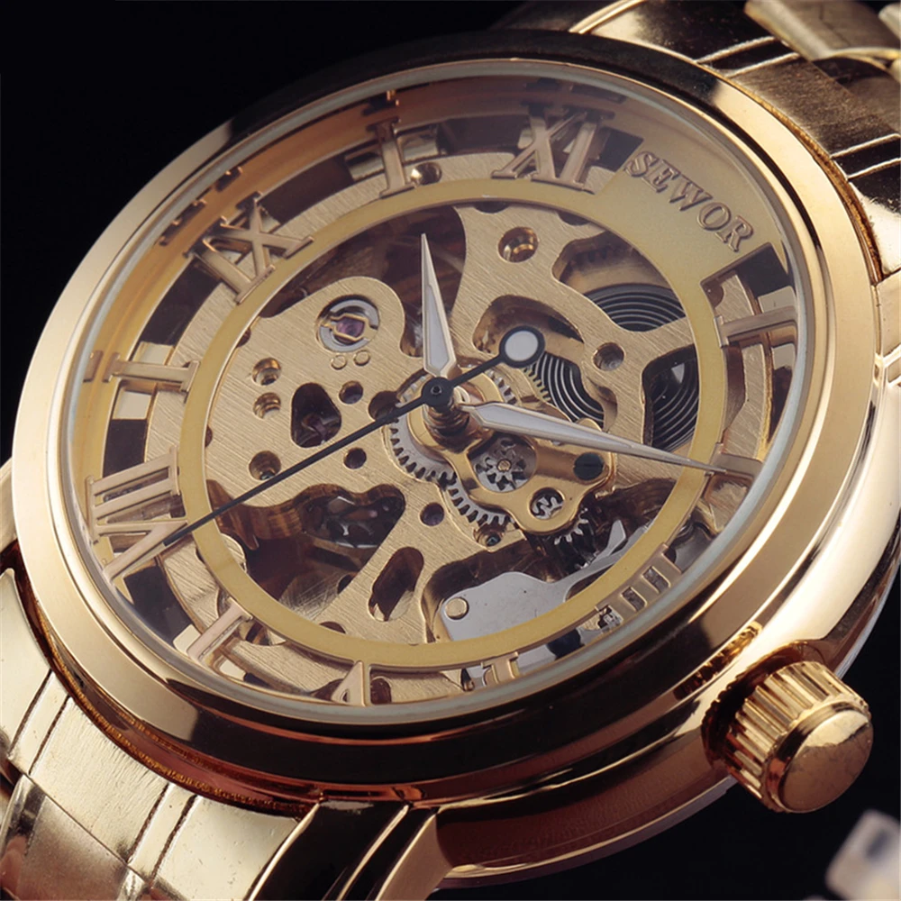 Top Luxury Brand Sewor Golden Case Automatic Watch Men Roman Skeleton Dial Steel Band Men's Fashion Mechanical Wrist Watches
Top Luxury Brand Sewor Golden Case Automatic Watch Men Roman Skeleton Dial Steel Band Men's Fashion Mechanical Wrist Watches