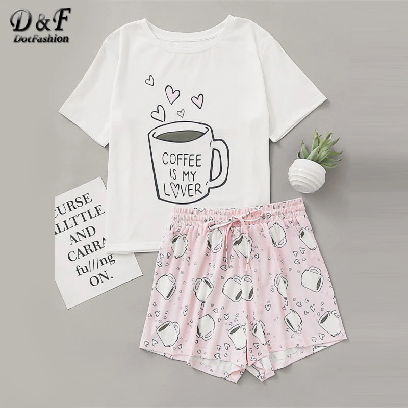 Dotfashion Cups Print Top With Drawstring Waist Shorts Pajama Set 2019 Round Neck Short Sleeve Women Cartoon Cute Pajama Set
Dotfashion Cups Print Top With Drawstring Waist Shorts Pajama Set 2019 Round Neck Short Sleeve Women Cartoon Cute Pajama Set