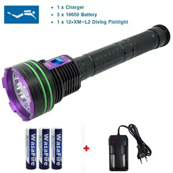 

Waterproof 12 x XM-L2 20000 Lumen LED Diving Flashlight Underwater Lamp Torch 100m Scuba Diver Lanterna+3*18650 Batery + Charger