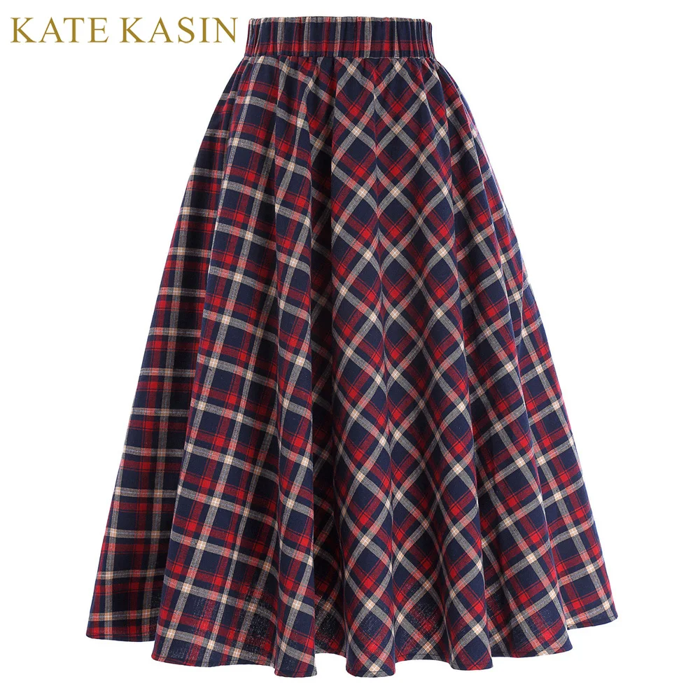 Image Women Vintage Plaid Skirt Grid Pattern Pleated Midi Skirts Plus Size Femme A Line Saias 2017 Summer Casual Skirt Kate Kasin