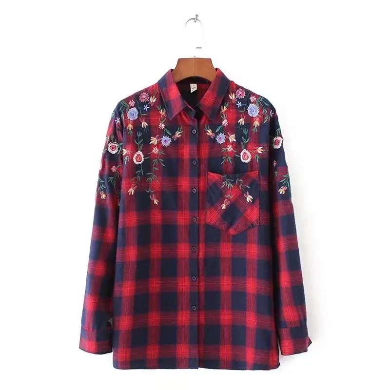 2017 Fashion Women Flower embroidery Red Plaid shirts Casual Long sleeve Blouses Loose Tops chemise femme blusas S2287
2017 Fashion Women Flower embroidery Red Plaid shirts Casual Long sleeve Blouses Loose Tops chemise femme blusas S2287