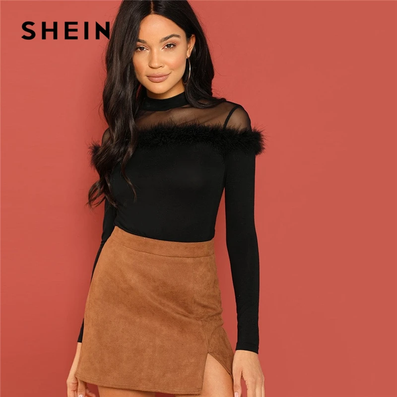 

SHEIN Black Mesh Yoke Faux Fur Detail Fitted Stand Collar Long Sleeve Slim Tee Autumn Office Lady Casual Women Tshirt Top