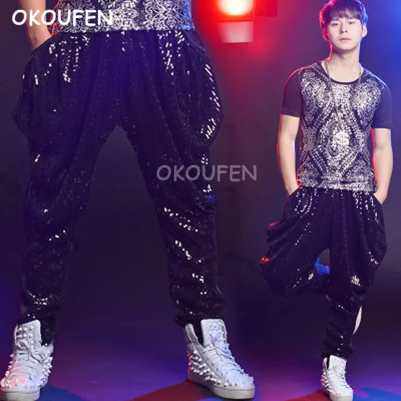 New Black Sequins Loose Harem pants Hiphop punk style dj stage pants costumes nightclub male singer performance dancer trousers
New Black Sequins Loose Harem pants Hiphop punk style dj stage pants costumes nightclub male singer performance dancer trousers