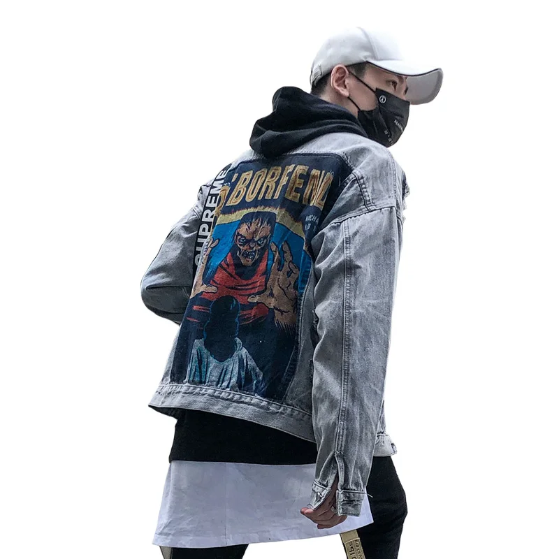 Autumn Vintage Frayed Hole Denim jacket High Street Hip Hop Demon Print Patch Designs Leisure Men Women Loose Gray Cowboy Coats
Autumn Vintage Frayed Hole Denim jacket High Street Hip Hop Demon Print Patch Designs Leisure Men Women Loose Gray Cowboy Coats