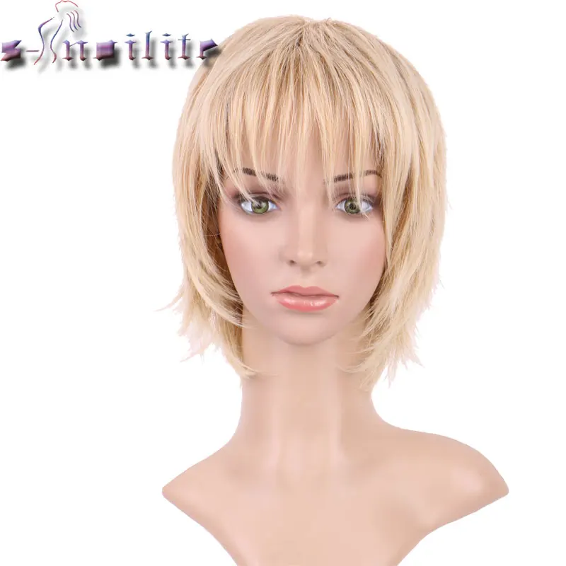Image S noilite Short light ash blonde Wigs 100% High Tempreature Synthetic Full Head Hair Wig Real Natural Hairpiece