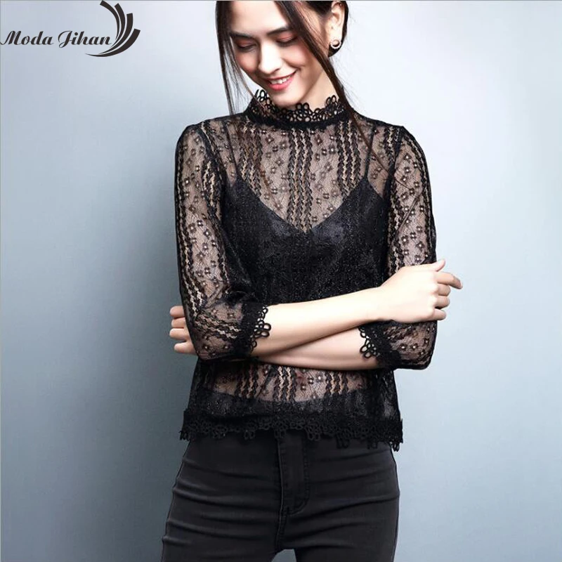 Moda Jihan женские пуловеры топы сексуальные прозрачные кружевные рубашки черные 3/4 с