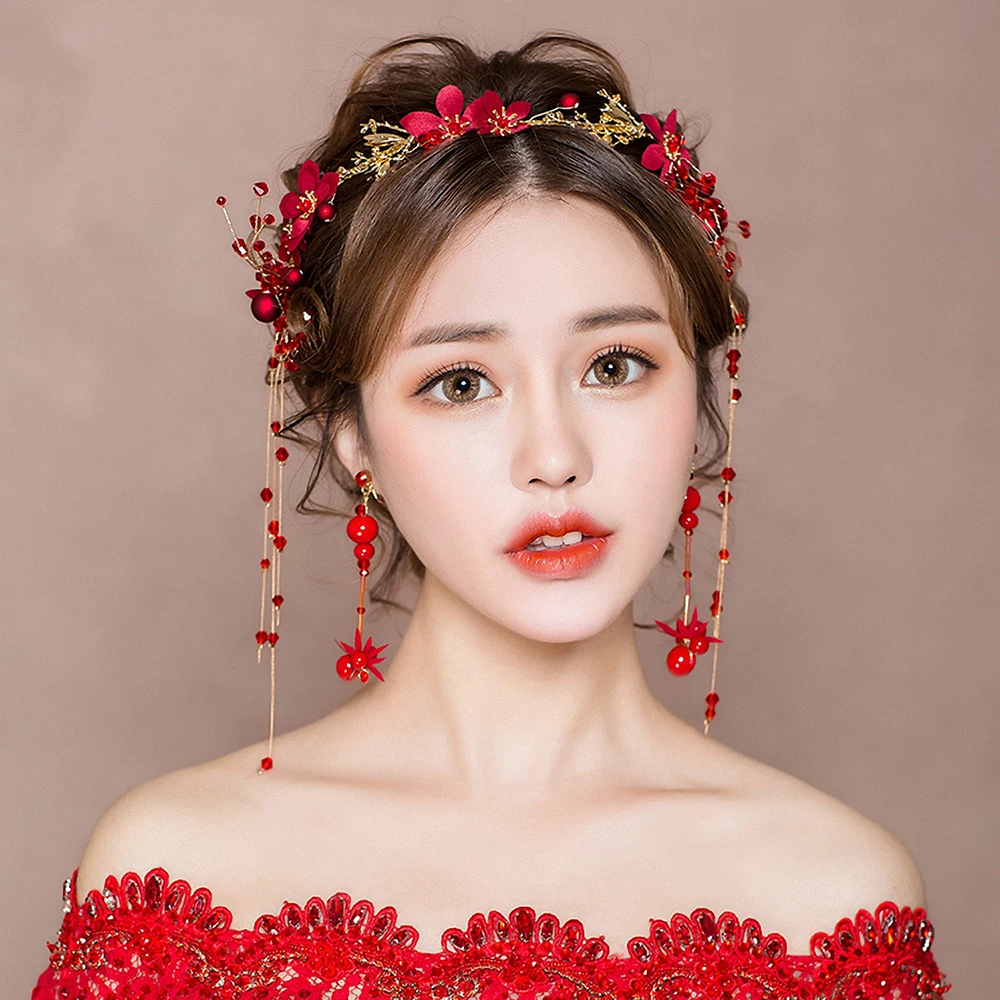 Handmade Red Beaded Headband Hair Accessories Bridal Wedding Engagement Headpiece Ornament Women Party Headwear with Earrings
Handmade Red Beaded Headband Hair Accessories Bridal Wedding Engagement Headpiece Ornament Women Party Headwear with Earrings