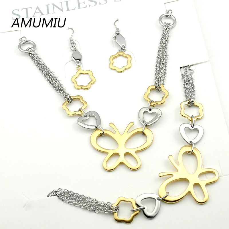 AMUMIU Fashion Butterfly Heart Silver Gold Color Jewelry set 316L Stainless Steel Necklace Earring Bracelet Womens Brand HZTZ025
AMUMIU Fashion Butterfly Heart Silver Gold Color Jewelry set 316L Stainless Steel Necklace Earring Bracelet Womens Brand HZTZ025