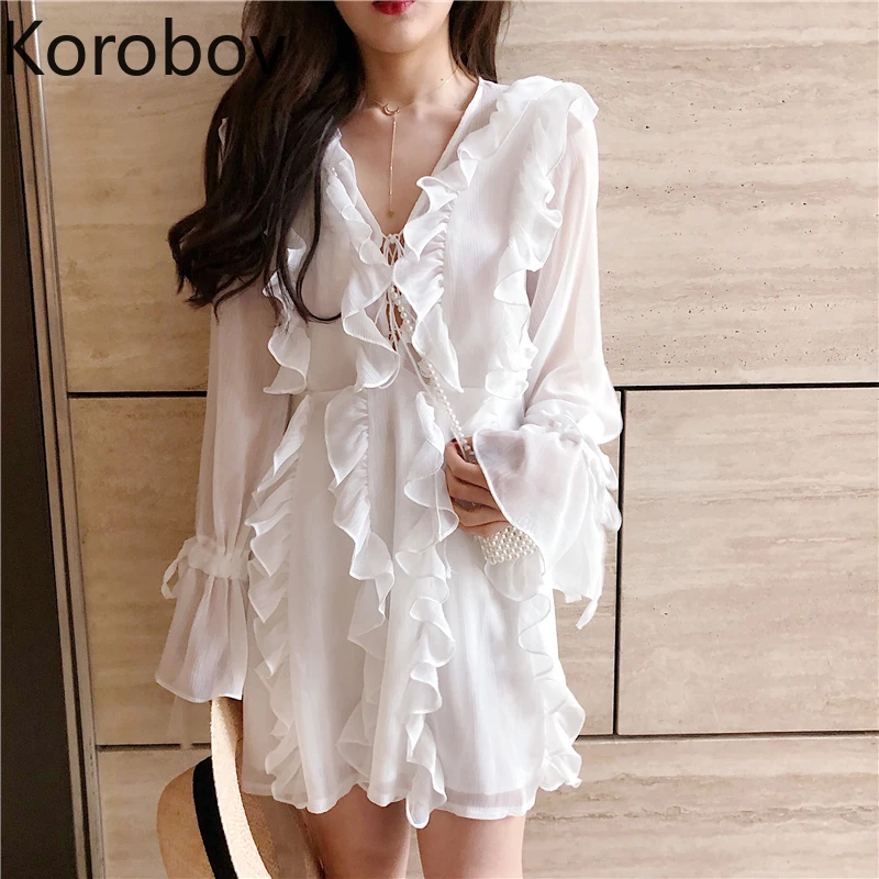 Korobov Korean Elegant Vogue White Chiffon Dresses V Neck Bandage Ruffles Summer Dress Flare Long Sleeve Vestidos Femme 77926
Korobov Korean Elegant Vogue White Chiffon Dresses V Neck Bandage Ruffles Summer Dress Flare Long Sleeve Vestidos Femme 77926