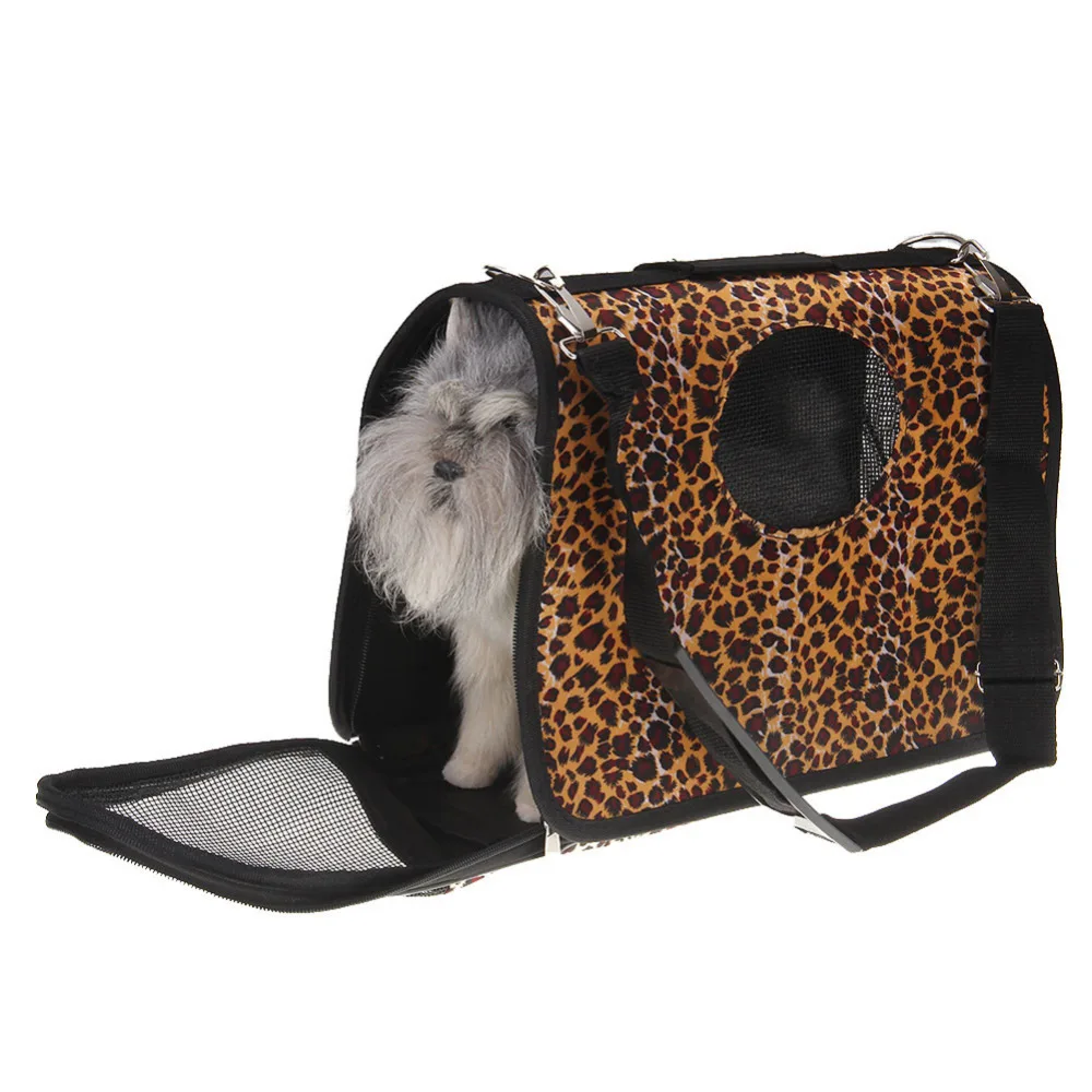 Image Leopard Soft Portable Dog Travel House Kennel Tote Crate Pets Puppy Carrier Bag For Water Feeder Bowl Leash Harness