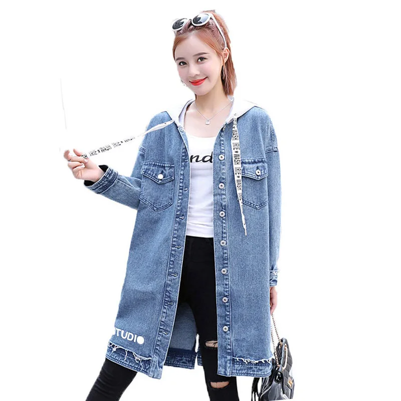 Denim Windbreaker Jacket Women Long Hooded Coat Spring 2019 New Korean Loose Letter Casual Jeans Jacket Single-breasted f228
Denim Windbreaker Jacket Women Long Hooded Coat Spring 2019 New Korean Loose Letter Casual Jeans Jacket Single-breasted f228