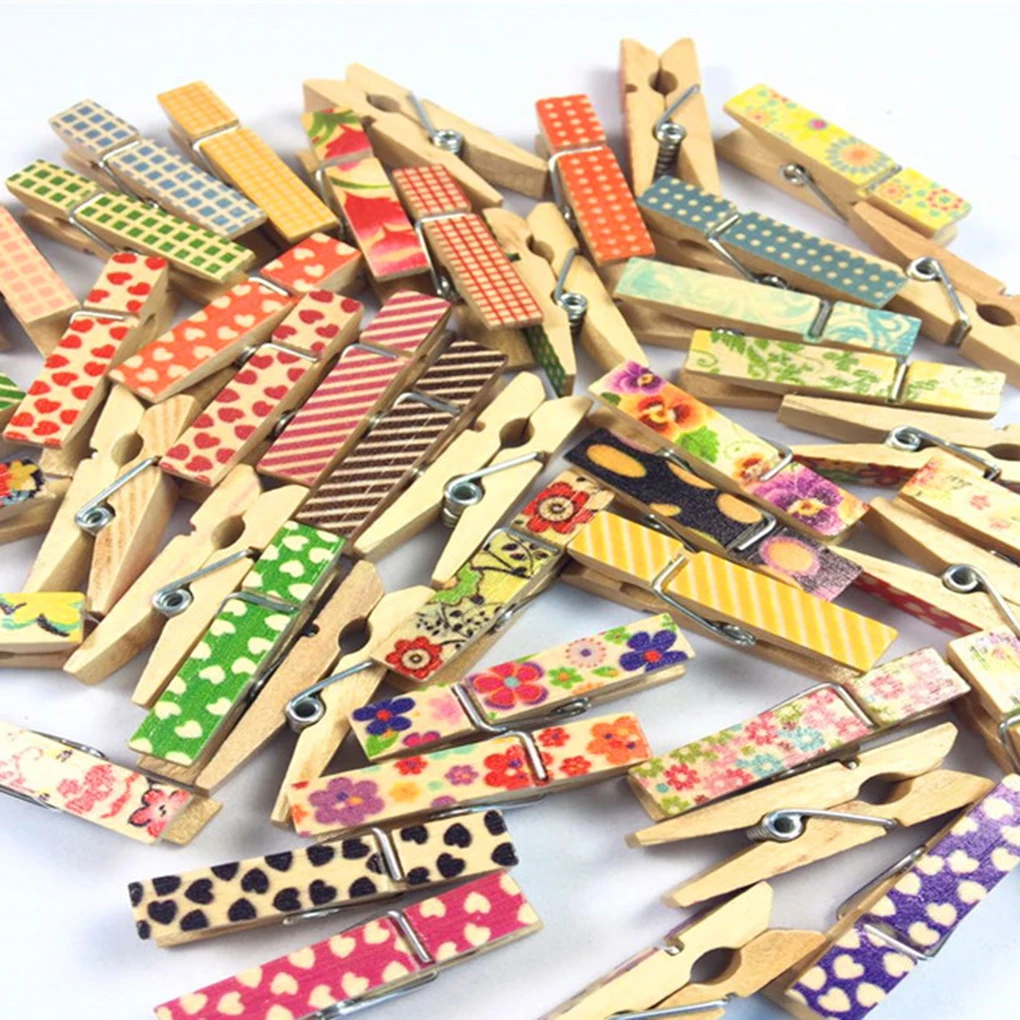 50pcs Colorful Pattern Small Wooden Pegs Photos Notes Flax Rope Stamping Flowers Decorative Mini Clips Hot Sale