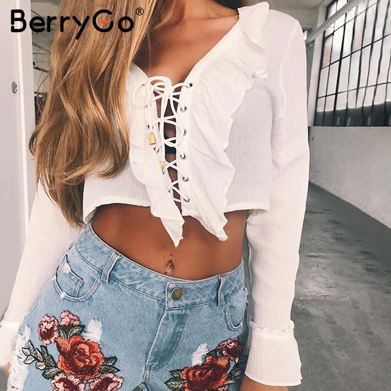 BerryGo Sexy ruffles lace up chiffon blouse shirt women V neck flare sleeve tassel crop top tees 2017 Summer beach short blusas
BerryGo Sexy ruffles lace up chiffon blouse shirt women V neck flare sleeve tassel crop top tees 2017 Summer beach short blusas
