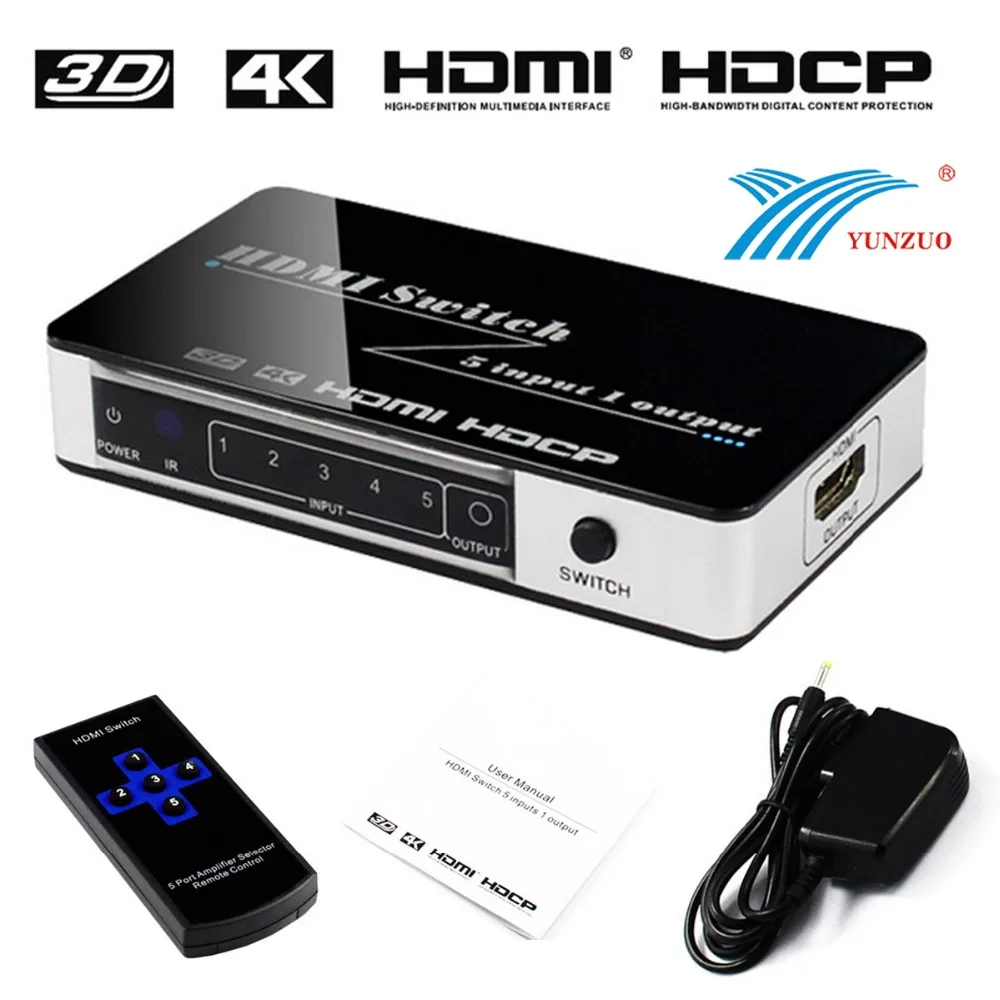 HDMI Switch 5x1 Switcher Splitter 4Kx2K@30Hz 5 Port Box Support Ultra Full HD 3D 1080P IR Wireless Remote Control Power Adapter
HDMI Switch 5x1 Switcher Splitter 4Kx2K@30Hz 5 Port Box Support Ultra Full HD 3D 1080P IR Wireless Remote Control Power Adapter