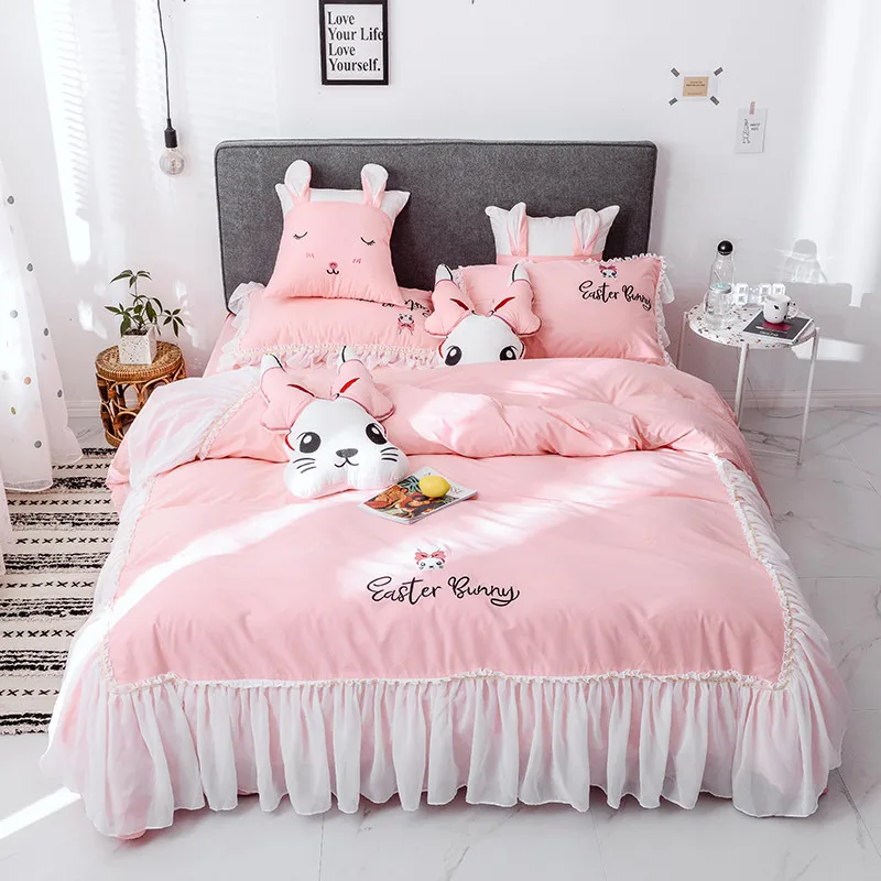 Pink Gray Yellow White Cartoon Rabbit Embroidery 100% Cotton Princess Bedding Set Lace Duvet Cover Bed sheet/Linen Pillowcases
Pink Gray Yellow White Cartoon Rabbit Embroidery 100% Cotton Princess Bedding Set Lace Duvet Cover Bed sheet/Linen Pillowcases
