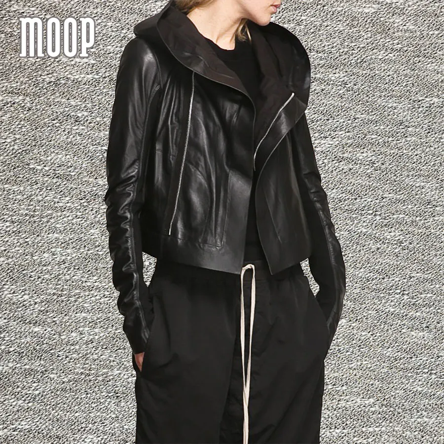 Black genuine leather coat women sleek sheepskin hooded motorcycle jacket elasticized rib knit panel at sleeves croped LT793
Black genuine leather coat women sleek sheepskin hooded motorcycle jacket elasticized rib knit panel at sleeves croped LT793
