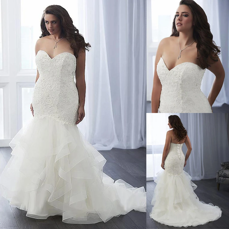 Modest Tulle Sweetheart Neckline Mermaid Plus Size Wedding Dress With Beaded Lace Appliques & Ruffles Organza Bridal Gowns
Modest Tulle Sweetheart Neckline Mermaid Plus Size Wedding Dress With Beaded Lace Appliques & Ruffles Organza Bridal Gowns