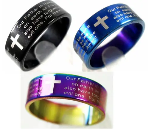 18pcs Blue/Black rainbow Mix Lord's Prayer Bible Rings Stainless Steel Cross Rings Wholesale Fashion Religious Jewelry Lots
18pcs Blue/Black rainbow Mix Lord's Prayer Bible Rings Stainless Steel Cross Rings Wholesale Fashion Religious Jewelry Lots