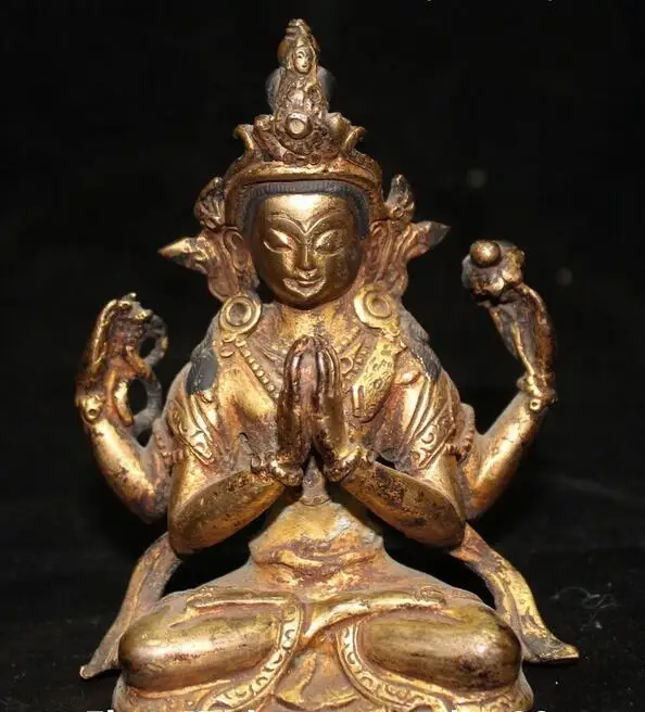free 4"Tibet Buddhism Bronze Gilt Seat 4 arms Chenrezig Avalokiteshvara Buddha Statue fast
free 4"Tibet Buddhism Bronze Gilt Seat 4 arms Chenrezig Avalokiteshvara Buddha Statue fast