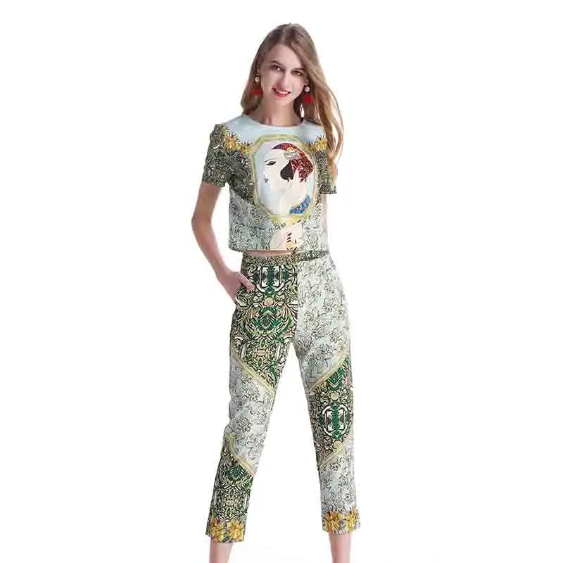 2019 Summer Fashion Runway Woman Suit Vintage Suits Women's Short Sleeve Beading Tops and Elegant Floral Printed Long Pants Pant
2019 Summer Fashion Runway Woman Suit Vintage Suits Women's Short Sleeve Beading Tops and Elegant Floral Printed Long Pants Pant