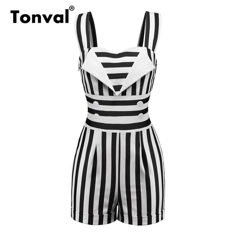 Tonval Striped Vintage Pin Up Jumpsuit Elegant Short Romper Women Button Front Retro Playsuit 1950s Summer Black Overalls
Tonval Striped Vintage Pin Up Jumpsuit Elegant Short Romper Women Button Front Retro Playsuit 1950s Summer Black Overalls