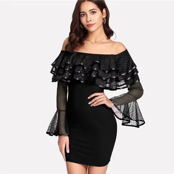 High Quality Sexy Women Dress Slash Neck Black Full Flare Sleeve Solid Mesh Side Mini Bandage Dress
High Quality Sexy Women Dress Slash Neck Black Full Flare Sleeve Solid Mesh Side Mini Bandage Dress