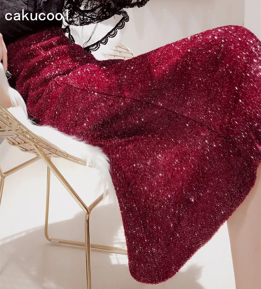 Cakucool блестящие юбка с люрексом прямой средней длины юбки для женщин украсить