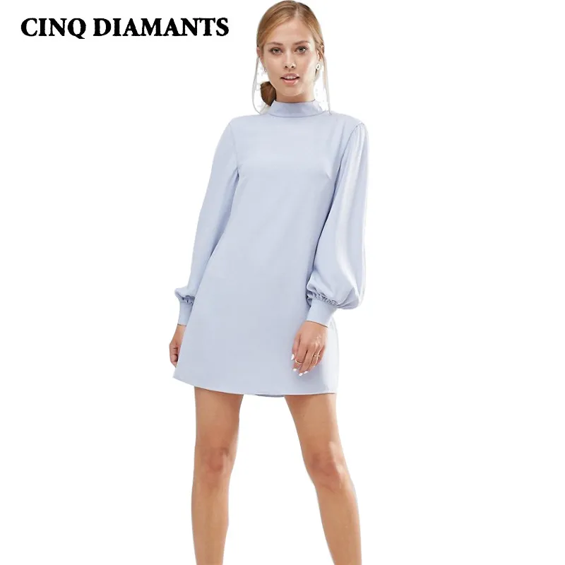 Image CINQ DIAMANTS Fashion Casual Autumn Dresses Women Light Blue Turtleneck Women Dress Long Sleeve Loose Mini Dresses Female