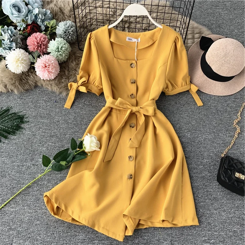 Summer Midi Dress Women Elegant Single-breasted Belted Dresses Short Sleeve Square Collar Dresses Vintage Solid Vestido Female
Summer Midi Dress Women Elegant Single-breasted Belted Dresses Short Sleeve Square Collar Dresses Vintage Solid Vestido Female