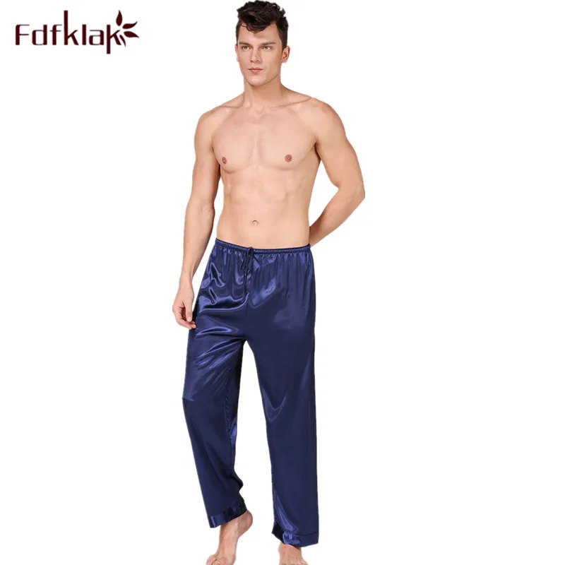 Фото Мужские шелковые атласные пижамы размера плюс брюки для дома и отдыха длинные