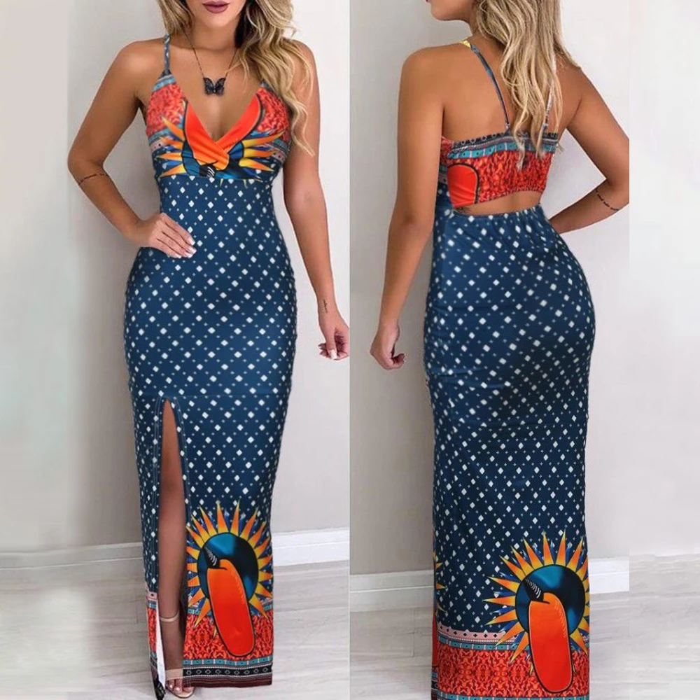Dress Women Spaghetti Strap Backless Print Deep V Neck Maxi Dress Vintage Women Hollow Out Split Slim Party Dress robe femme P30
Dress Women Spaghetti Strap Backless Print Deep V Neck Maxi Dress Vintage Women Hollow Out Split Slim Party Dress robe femme P30