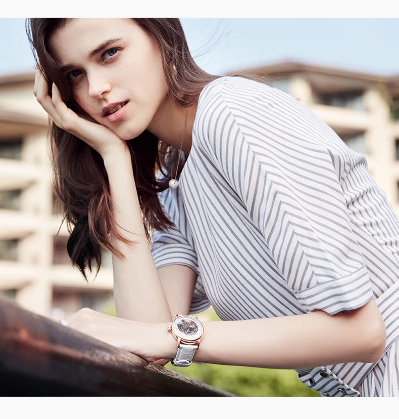 SEKARO Brand Women Mechanical Watches Diamond Ladies hand-winding Wristwatches Leather Fashion Skeleton Dial Gift for Female