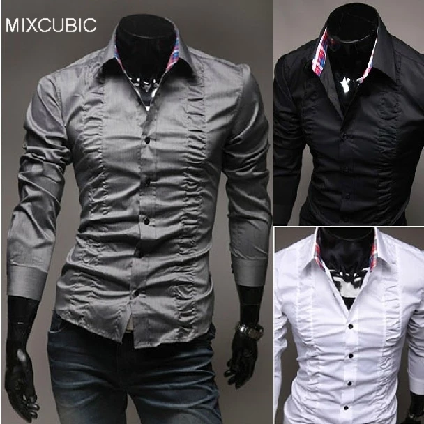 

MIXCUBIC freeshipping 2017 palace style long-sleeved mens shirts,Chest drape design casual cotton shirts men,pure color,M-XXL